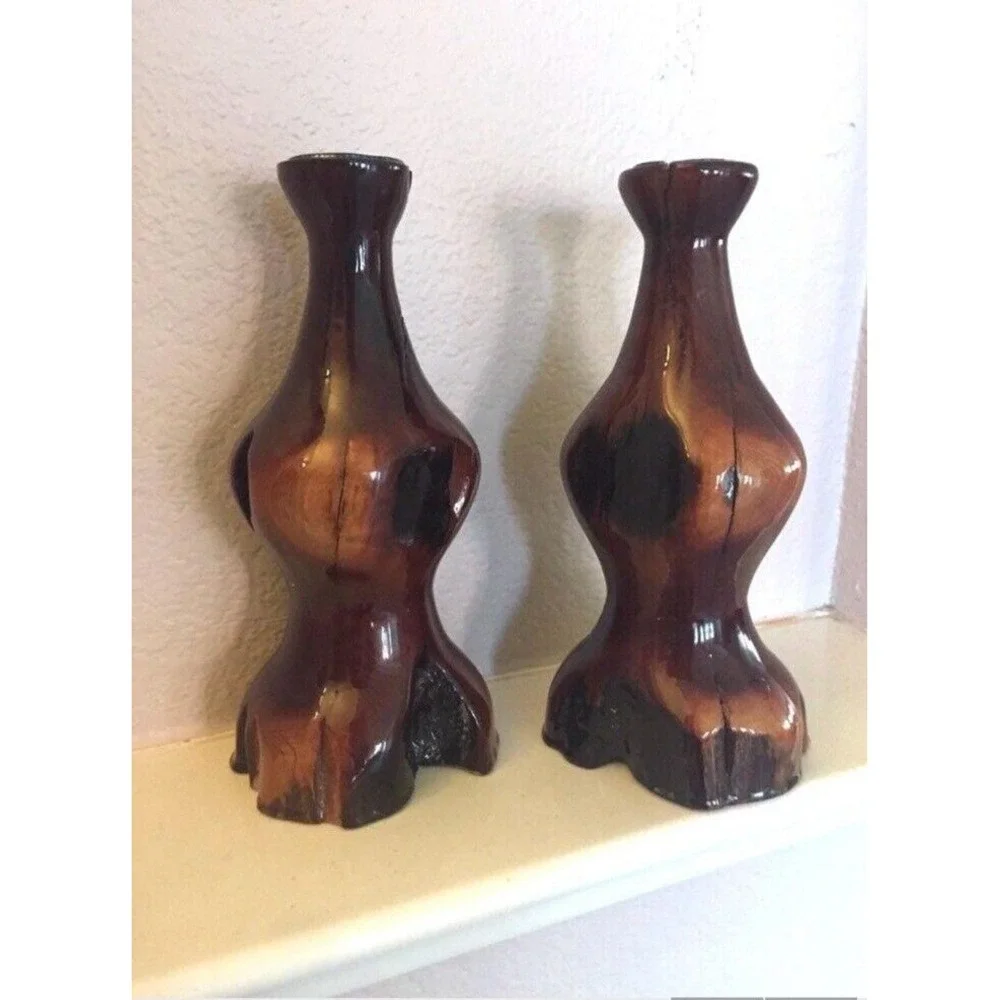 Pair Vtg Serenity Woods Turned‎ Manzanita Wood 8 In Candle Holders 2000 Signed